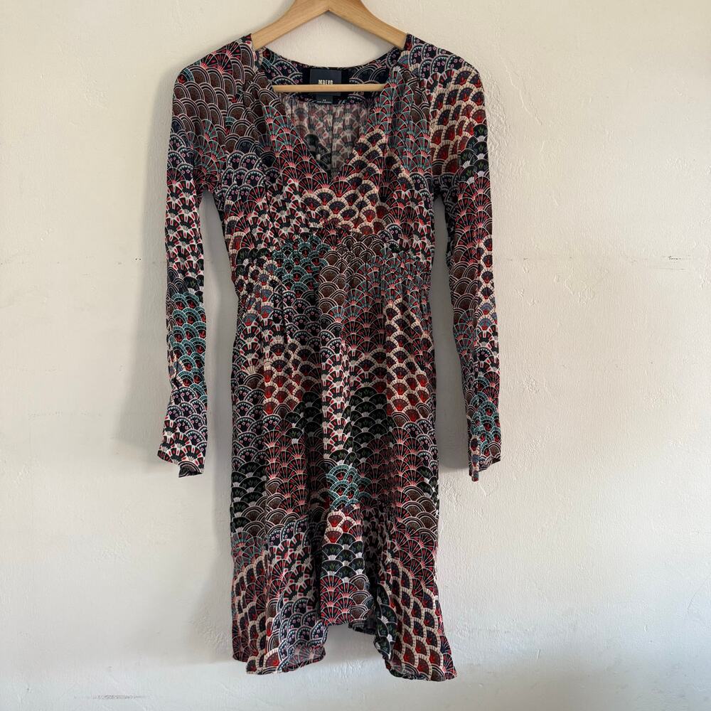 Anthropologie Maeve Monaco Fan Print Long Sleeve Dress Size XSmall Babydoll Boho - Picture 3 of 12
